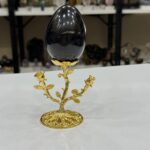 Doğal Siyah Obsidiyen Yumurta - Altın Renkli Gül Detaylı Metal Kaideli Koleksiyonluk Özel Obje