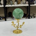 Doğal Yeşil Florit Küre - Altın Renkli Gül Detaylı Metal Kaideli Koleksiyonluk Özel Obje