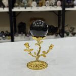 Doğal Siyah Obsidiyen Küre - Altın Renkli Gül Detaylı Metal Kaideli Koleksiyonluk Özel Obje